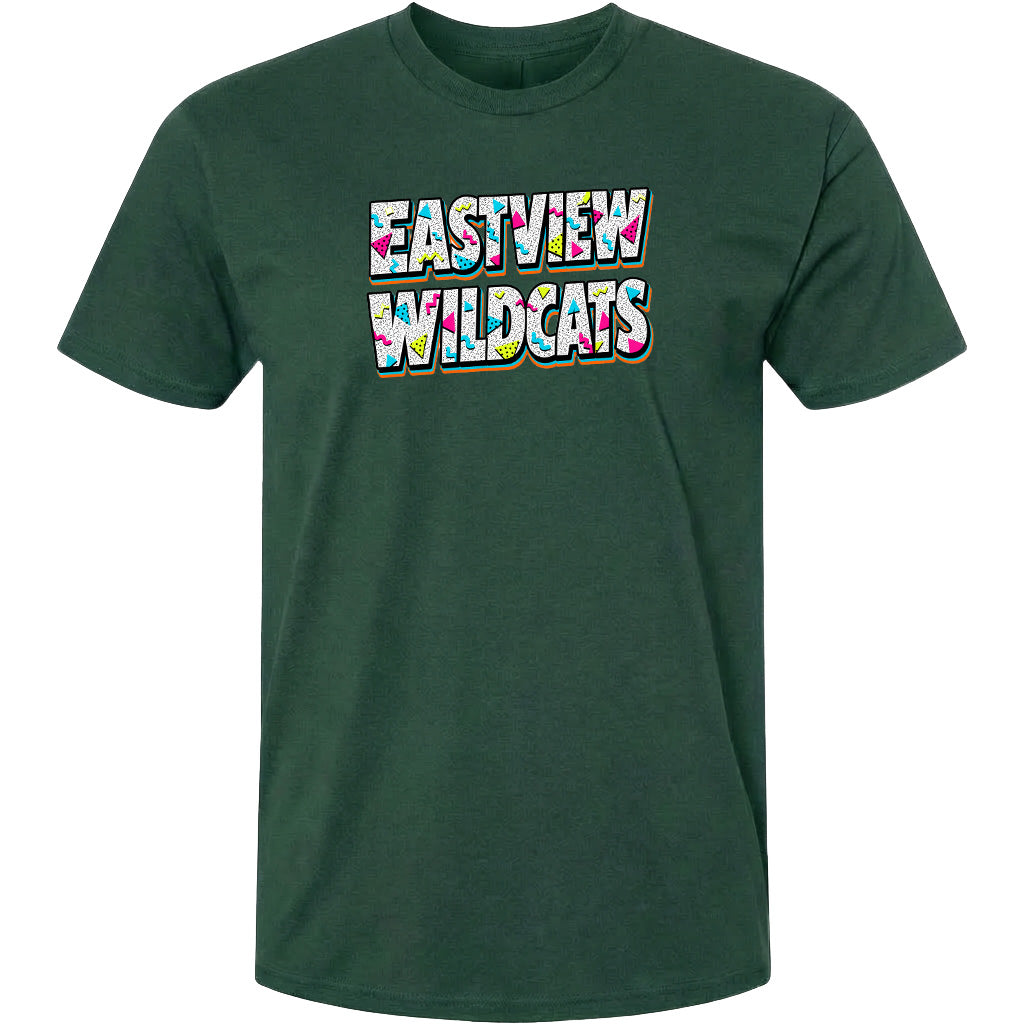A dark green t-shirt with the text "EASTVIEW WILDCATS" printed on it.