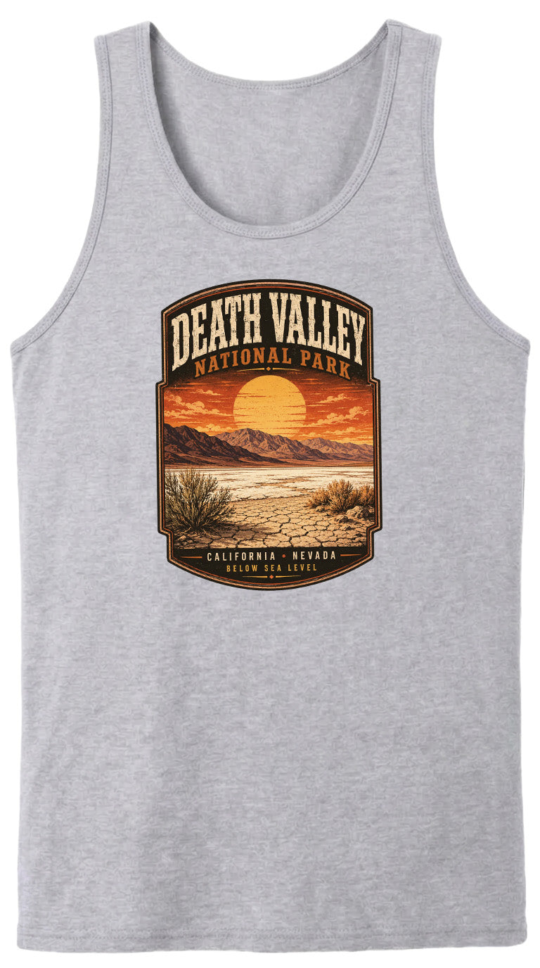 A gray tank top with a graphic design depicting Death Valley National Park, including a sunset landscape and mountains.