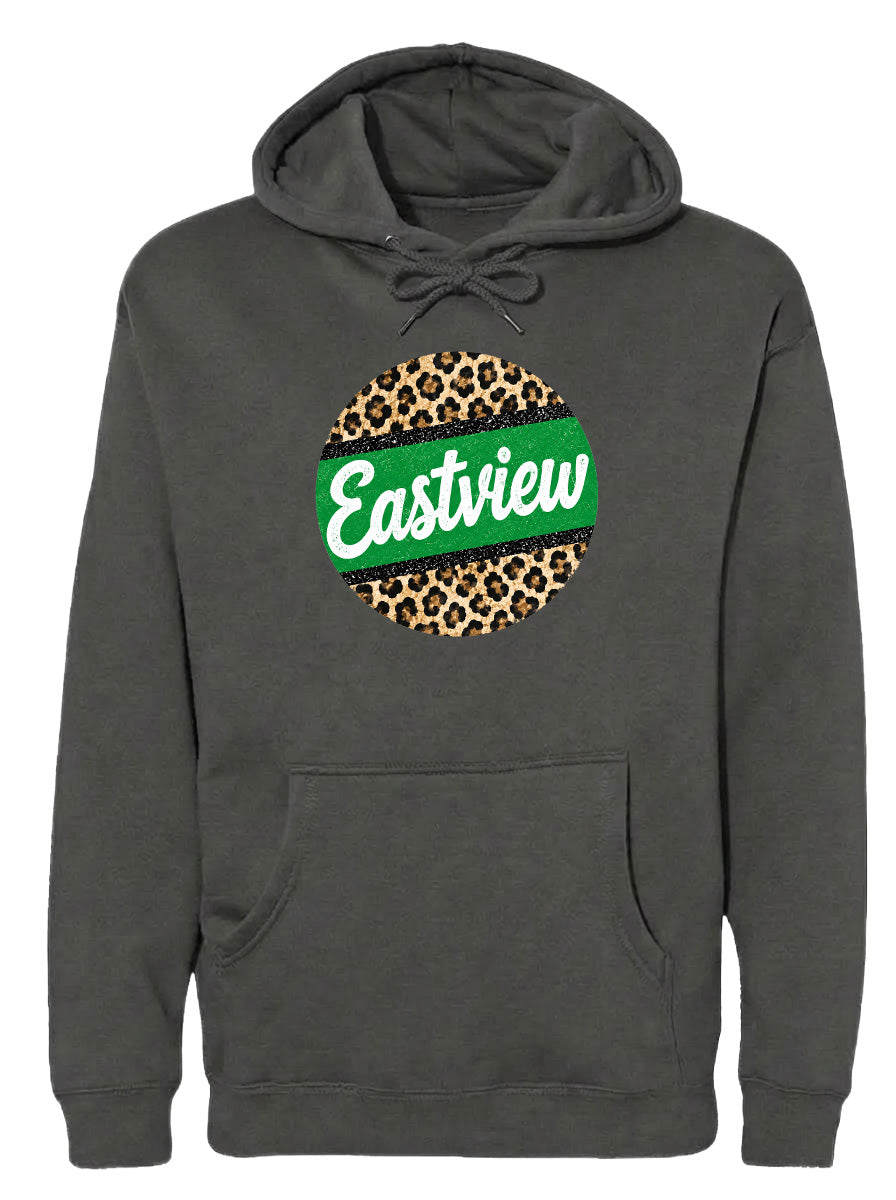 A gray hoodie with a leopard print design and the word "Eastview" printed on it.