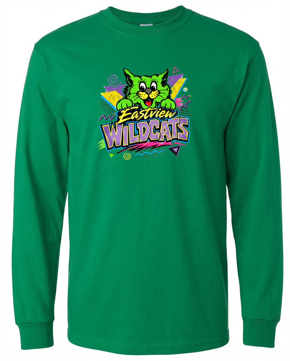 A long-sleeved green t-shirt with a colorful graphic design featuring a cartoon cat and the text "Eastview Wildcats".