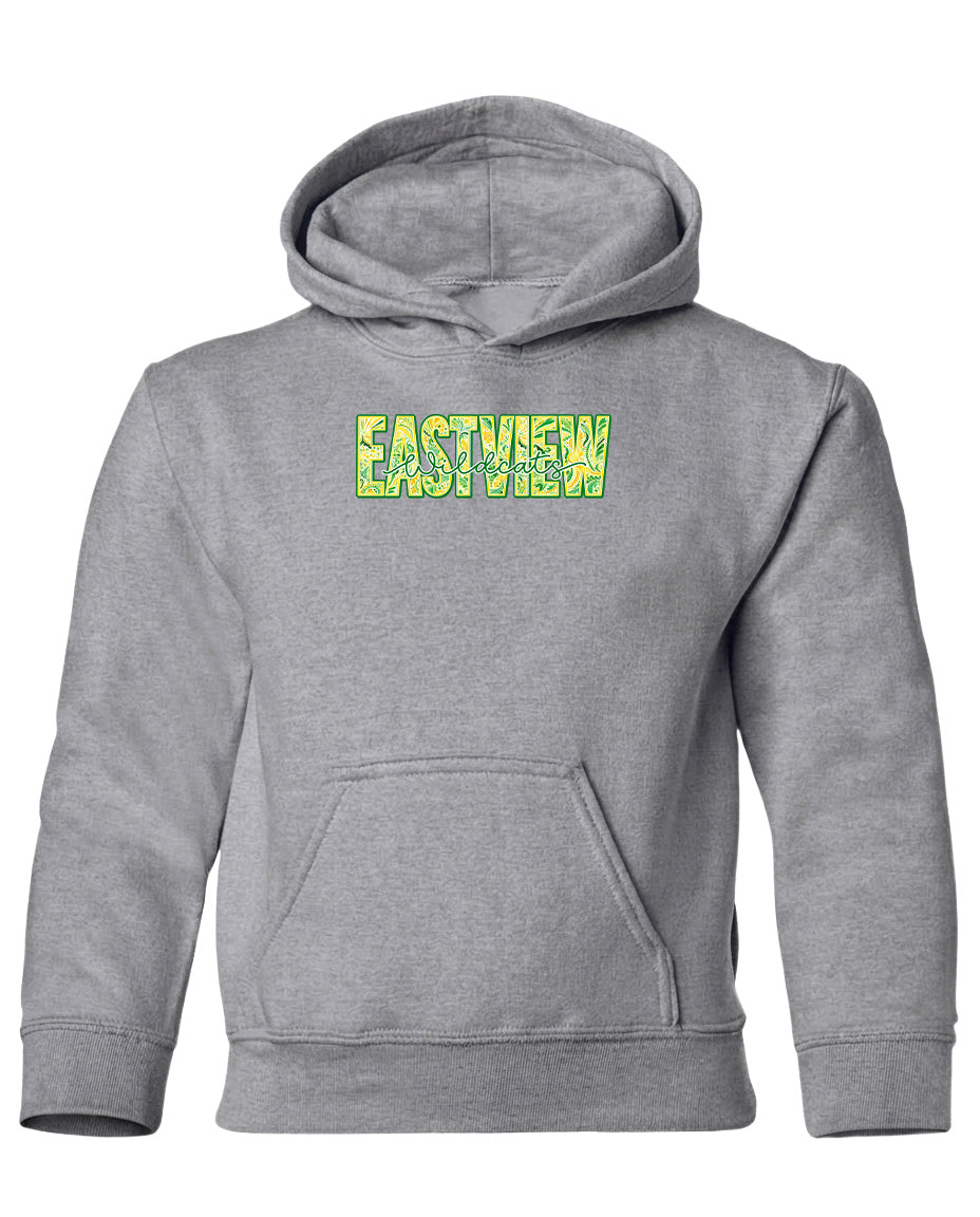A gray hooded sweatshirt with the word "EASTVIEW" printed on it in a stylized font.