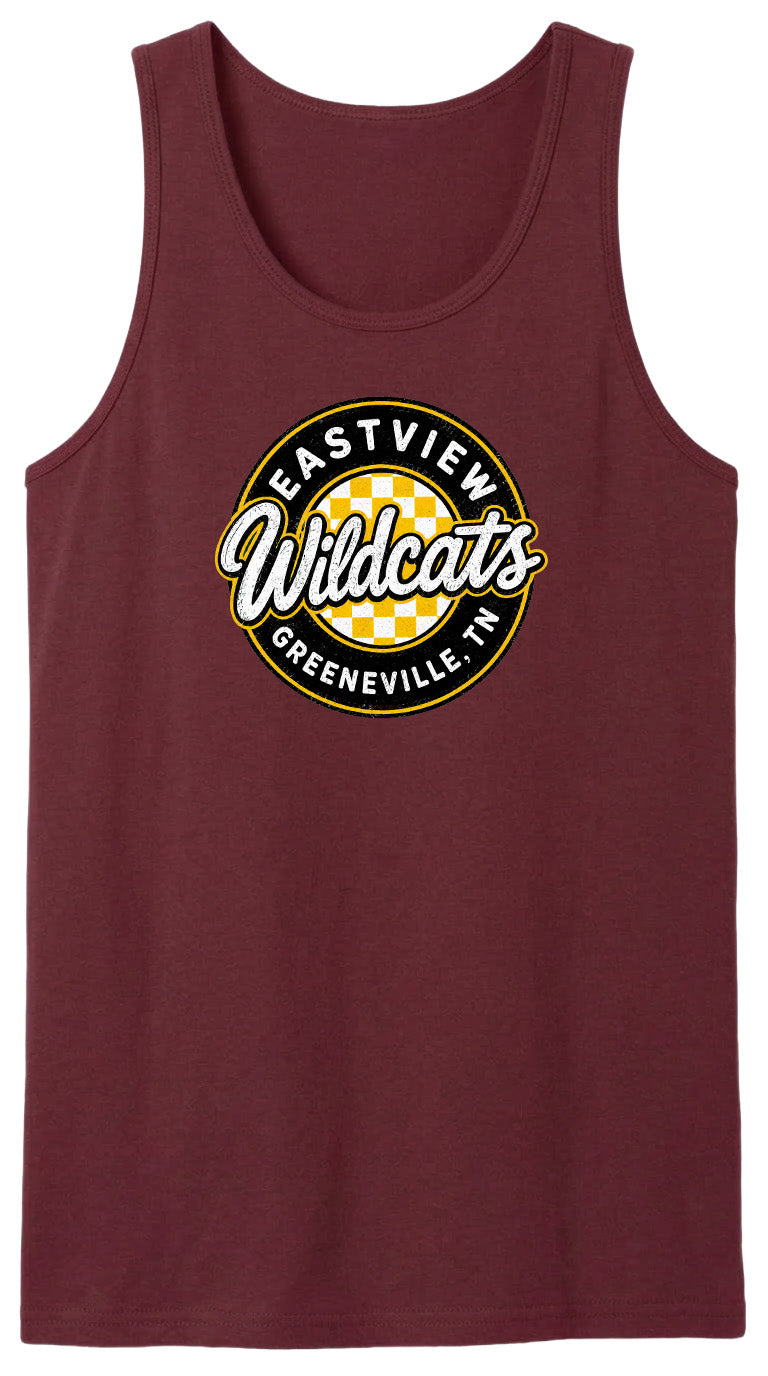 A burgundy tank top with a circular logo that says "EASTVIEW Wildcats Greeneville, TN".