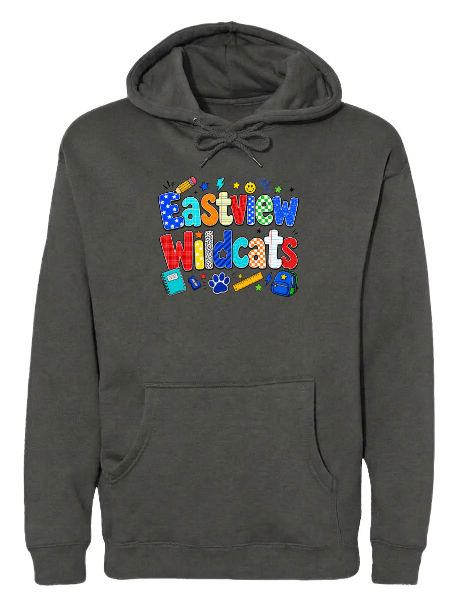 A gray hoodie with a colorful graphic design featuring the text "Eastview Wildcats" and various school-related icons such as a pencil, backpack, and book.