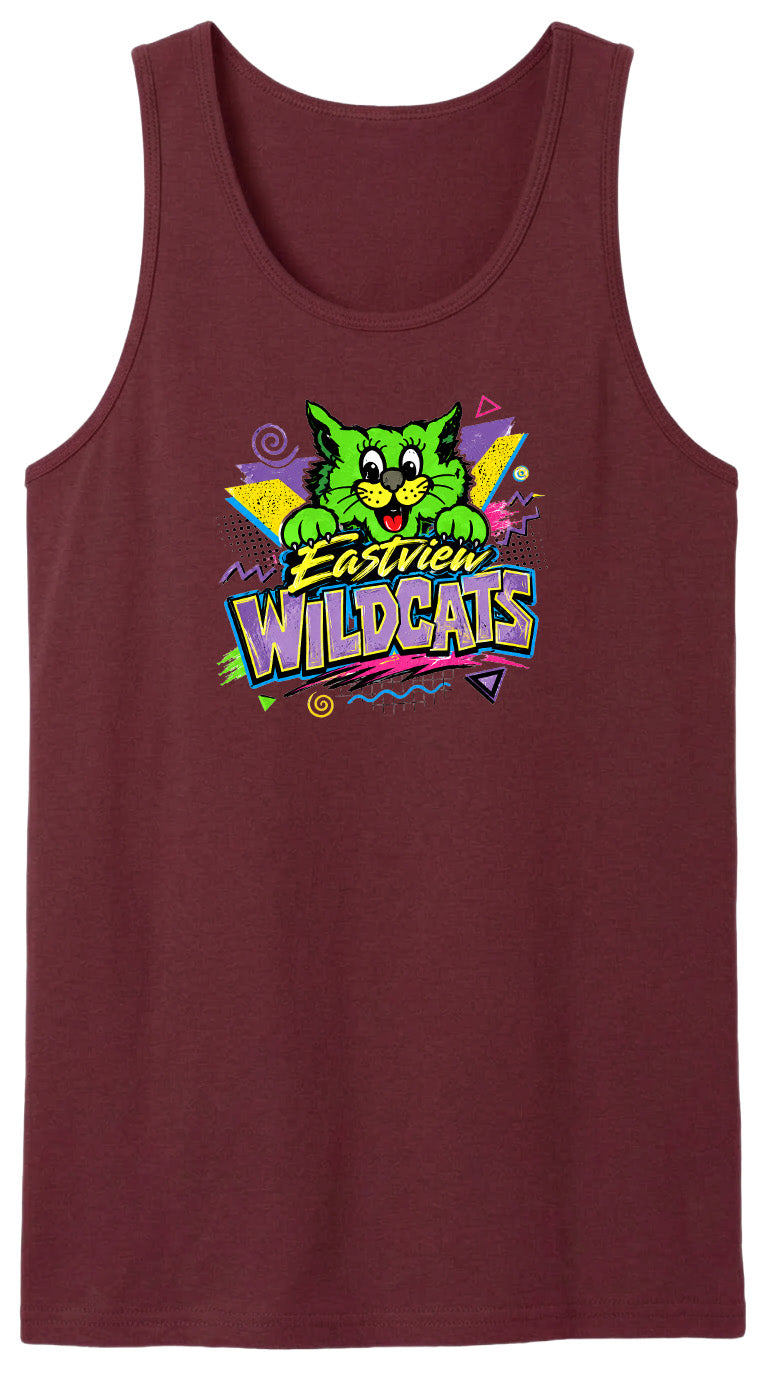 A burgundy tank top with a colorful graphic design featuring a cartoon cat and the text "Empire Wildcats".