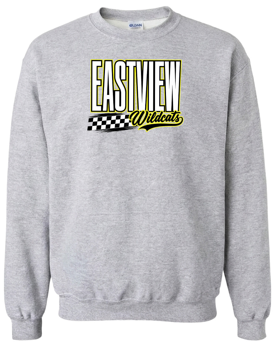 A gray sweatshirt with a graphic design featuring the text "EASTVIEW Wildcats" in yellow and black.