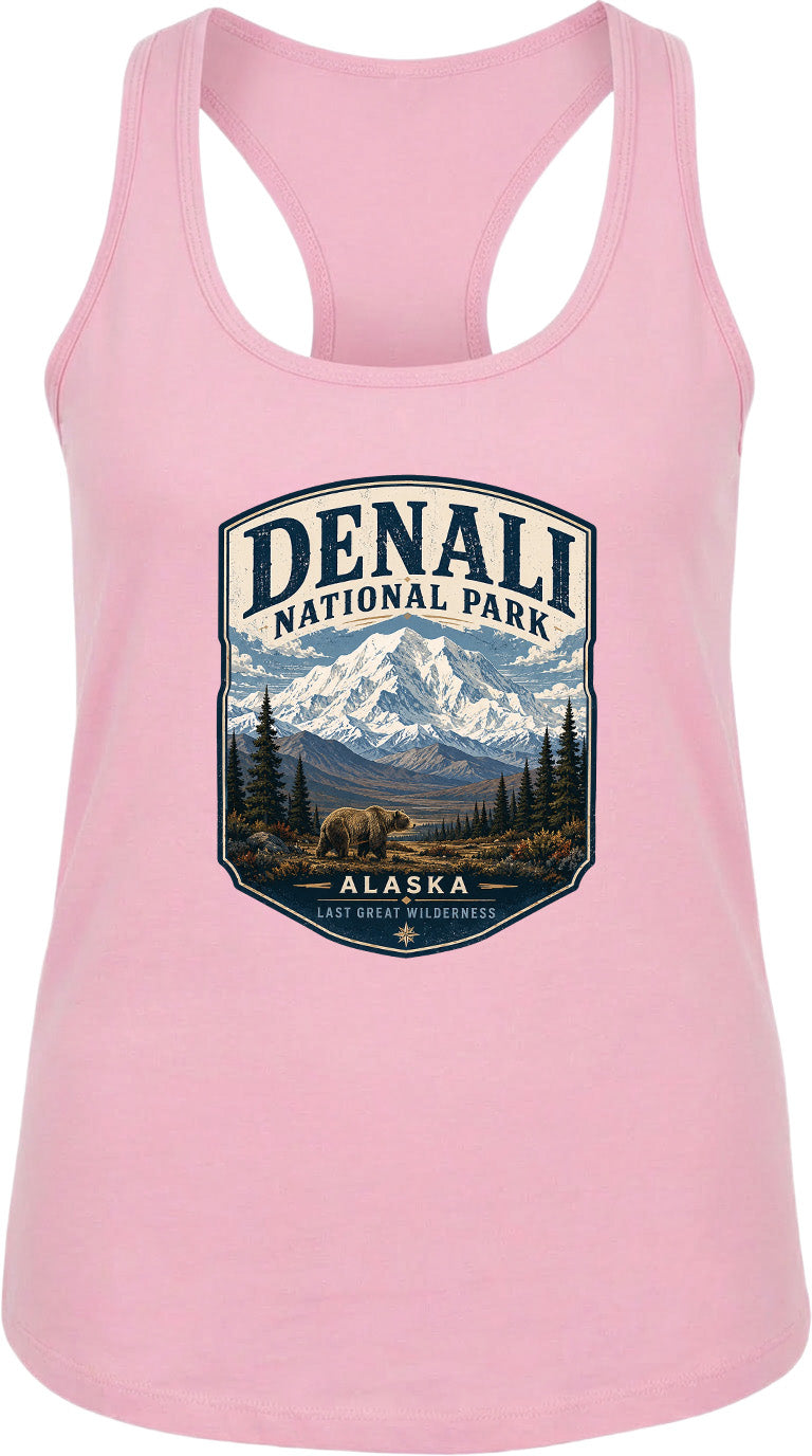 A pink tank top with a graphic design depicting Denali National Park and Alaska.