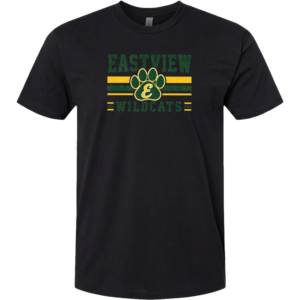 A black t-shirt with a graphic design featuring a paw print and the text "EASTVIEW WILDLATS" in green and yellow colors.