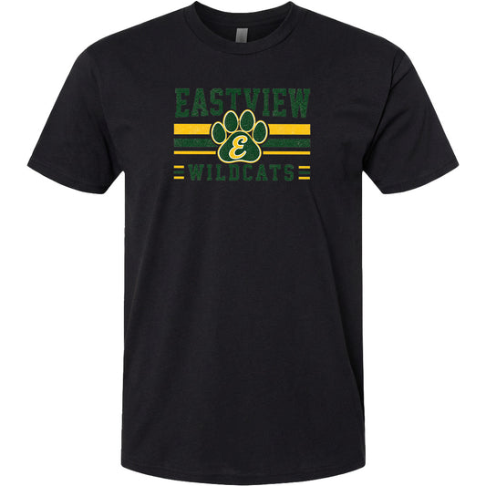 A black t-shirt with a graphic design featuring a paw print and the text "EASTVIEW WILDLATS" in green and yellow colors.