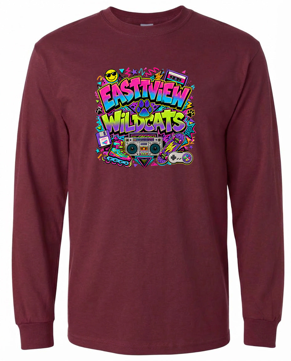A burgundy long-sleeved t-shirt with a colorful graphic design featuring a boombox surrounded by various retro-style icons and text.