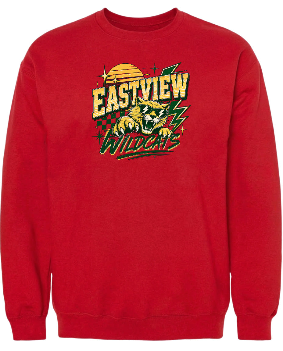 A red sweatshirt with a graphic design featuring a tiger and the text "EASTVIEW WILDCATS".