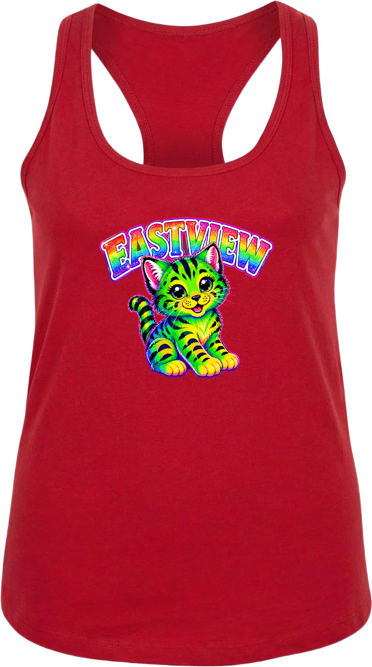 A red tank top with a colorful graphic of a cat and the word "EASTVIEW" printed on it.