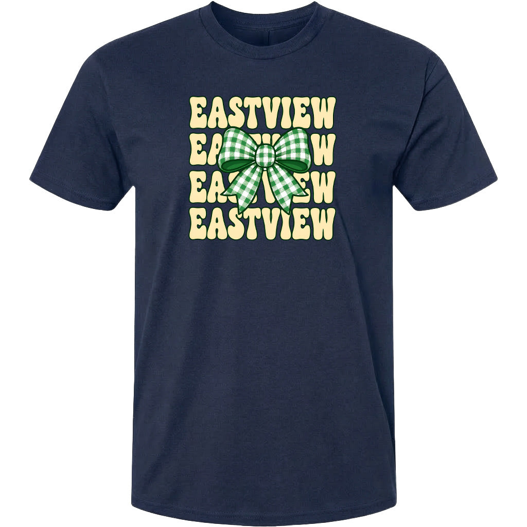 A navy blue t-shirt with a graphic design featuring a green and white checkered bow and the text "EASTVIEW" repeated in a vertical pattern.