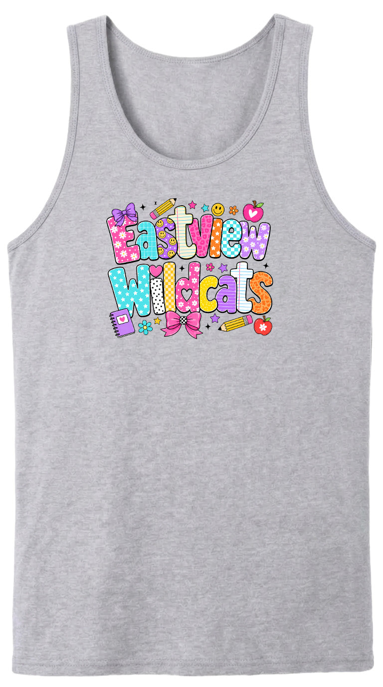 A gray tank top with a colorful graphic design featuring the text "Eastview Wildcats" in a playful, cartoon-like font.
