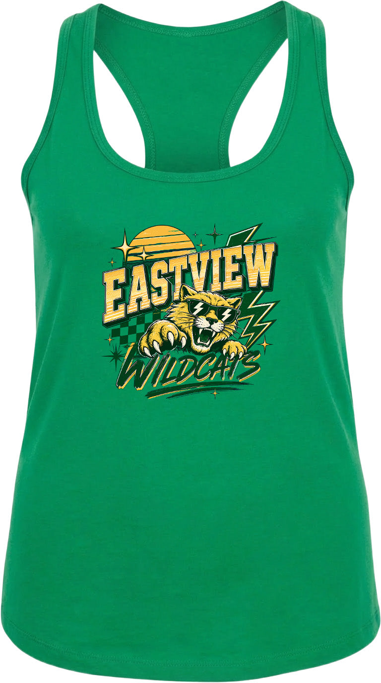 A green tank top with a graphic design featuring a cat and the text "EASTVIEW WILDCATS".