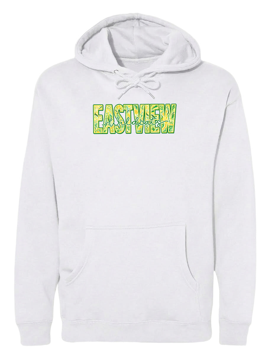 A white hoodie with a graphic design on the front.