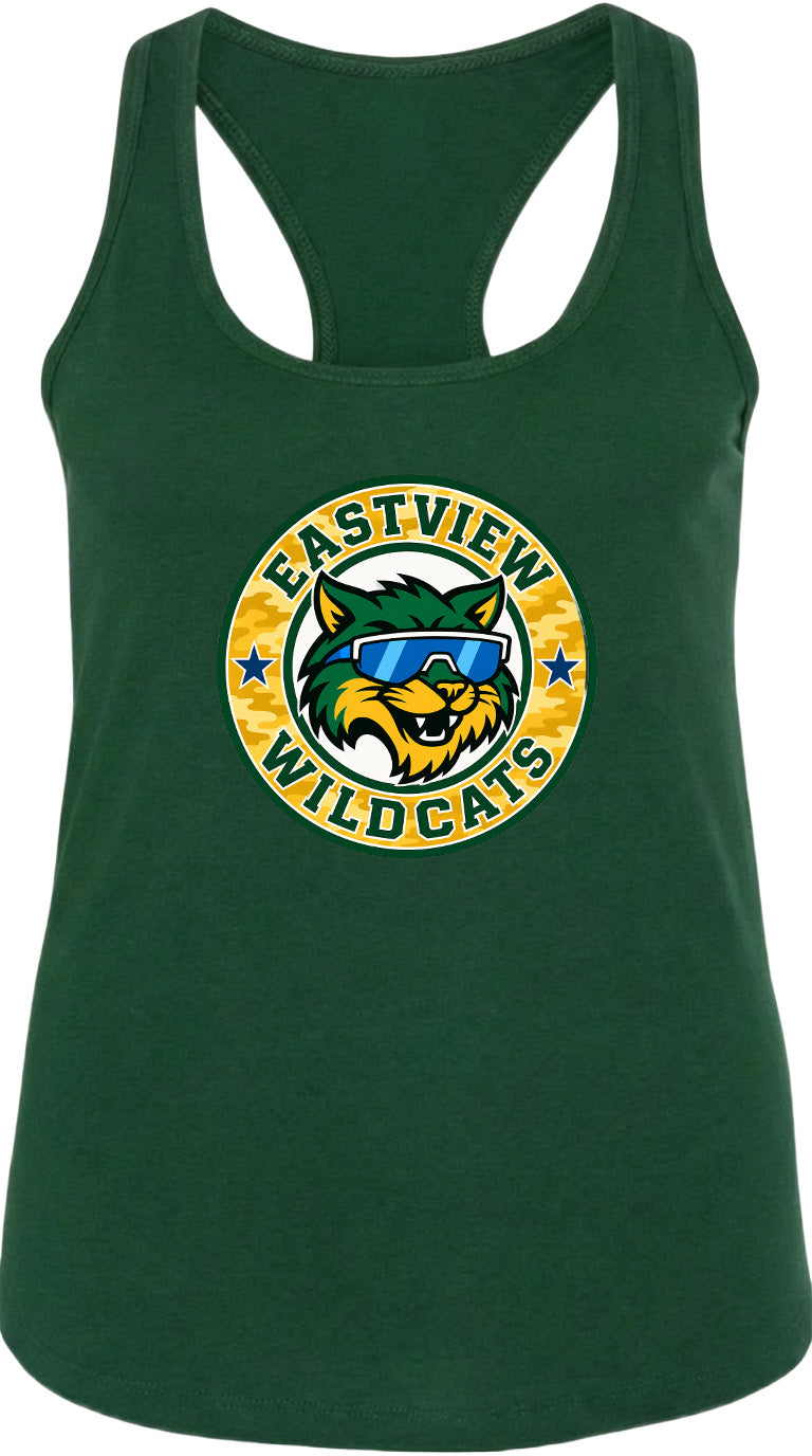A green tank top with a graphic design featuring a cartoon cat wearing sunglasses and the text "EASTVIEW WILDCATS" around it.