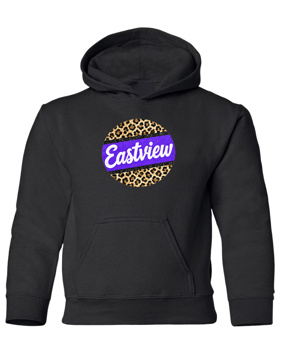 A black hoodie with a leopard print design and the word "Eastview" printed on it.