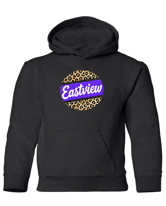 A black hoodie with a leopard print design and the word "Eastview" printed on it.
