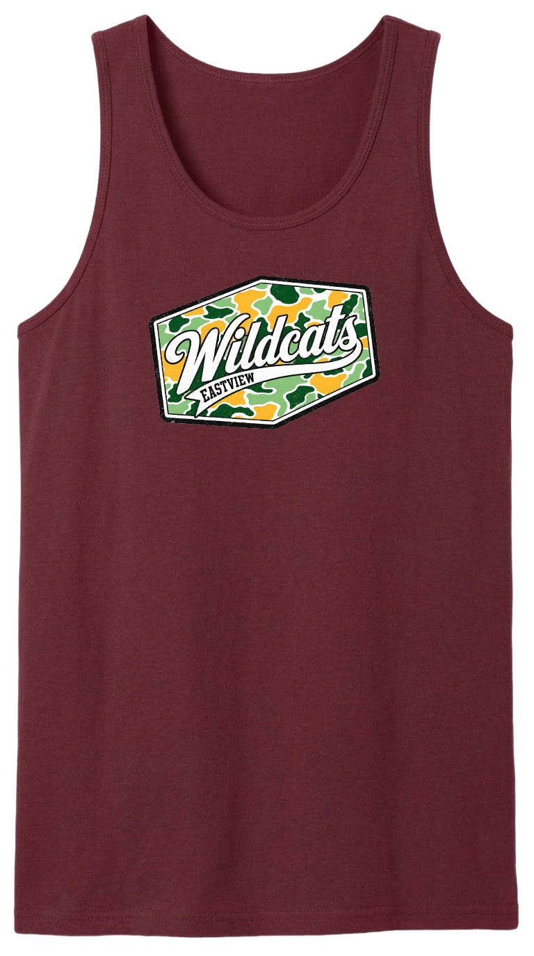 A burgundy tank top with a graphic design featuring the text "Wildcats" and a camouflage pattern.
