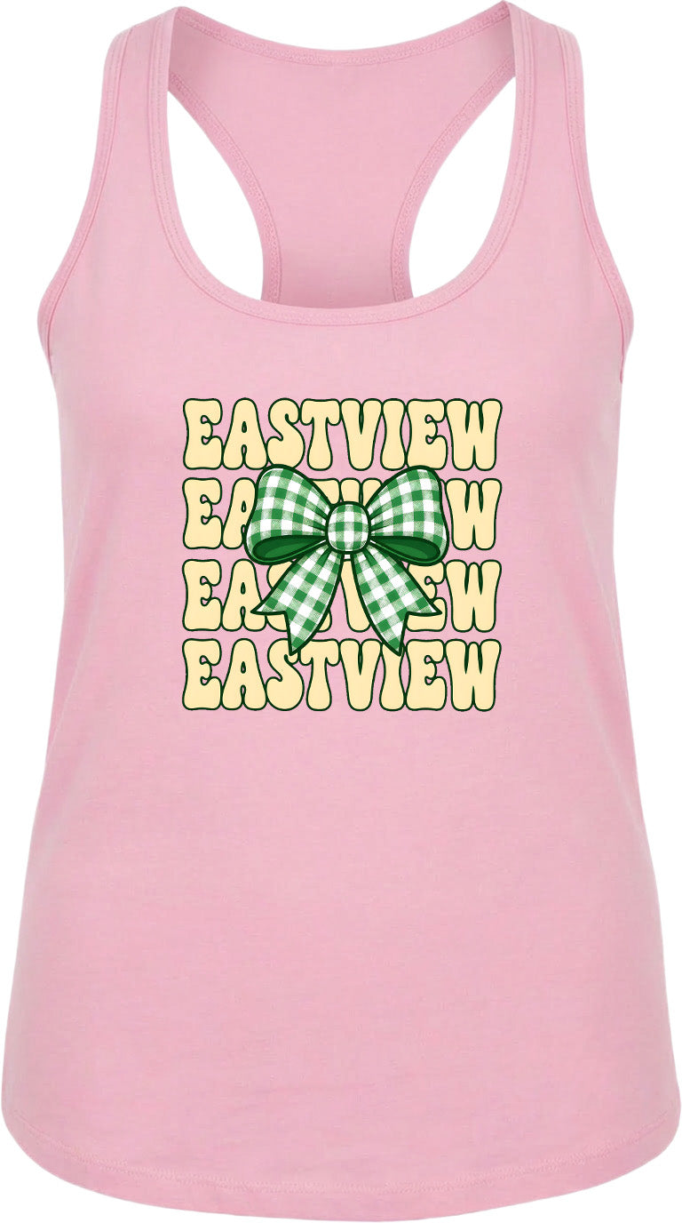 A pink tank top with a green bow and the text "EASTVIEW" repeated in a vertical pattern.