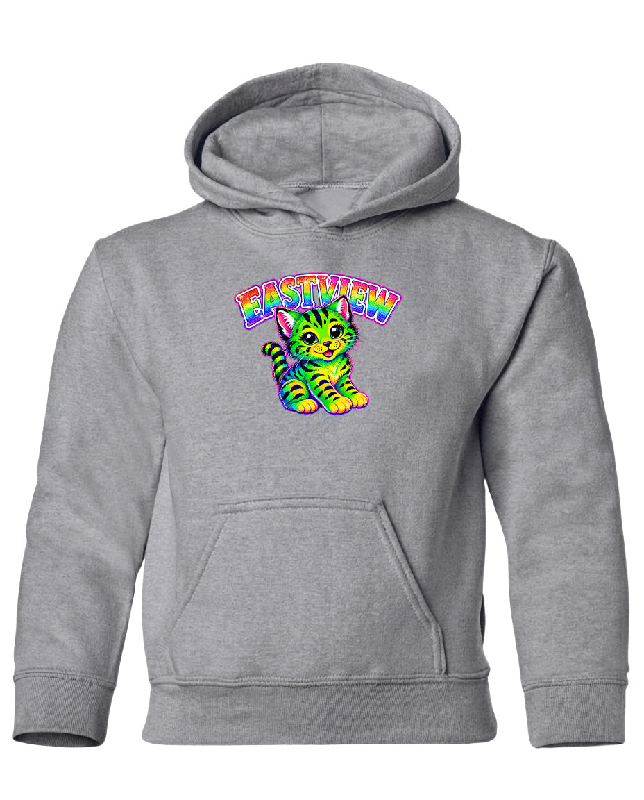 A gray hoodie with a colorful graphic of a cat and the text "EASTVIEW" printed on it.