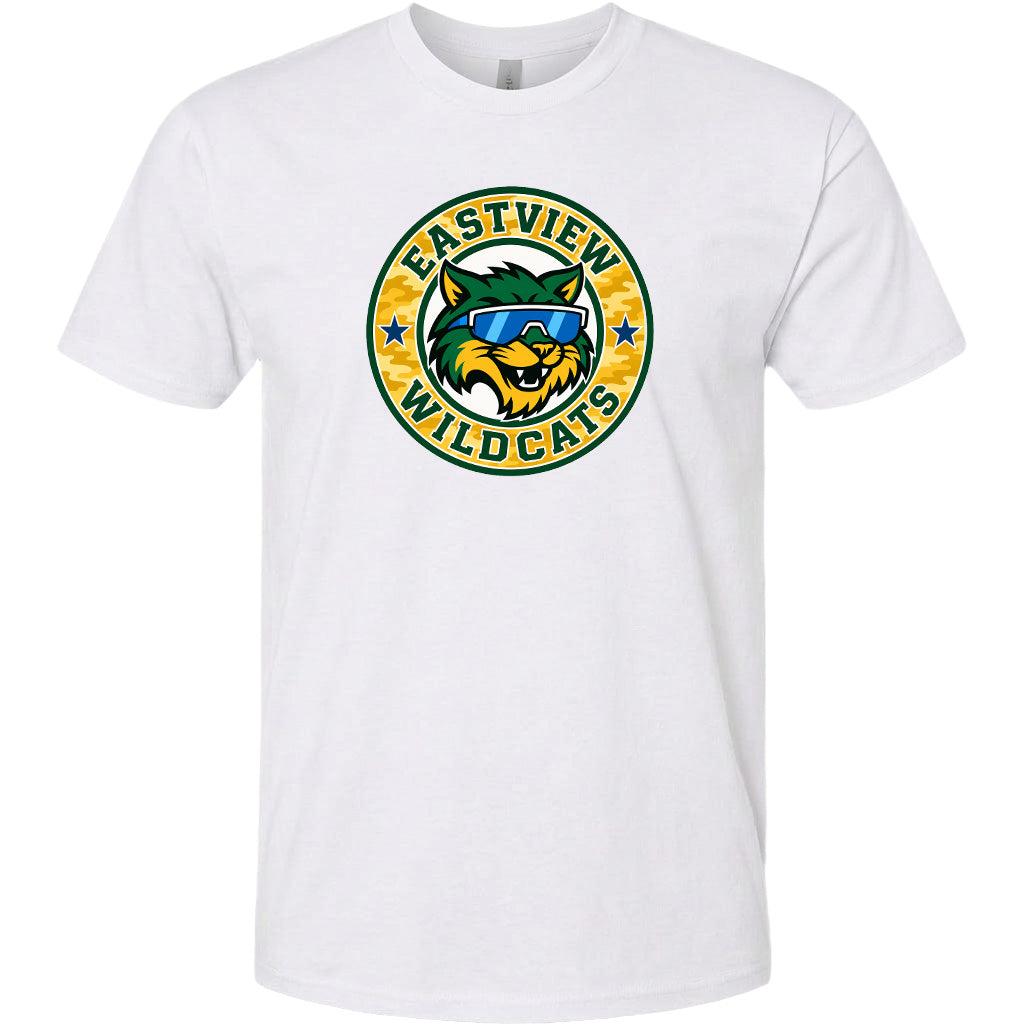 A white t-shirt with a graphic design featuring a cartoon-style cat wearing sunglasses and the text "EASTVIEW WILDCATS" around it.
