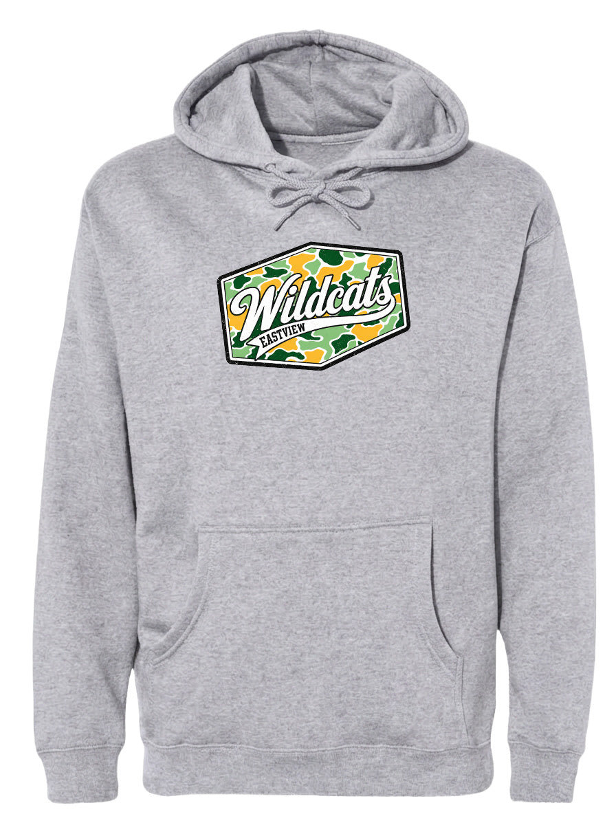 A gray hoodie with a graphic design on the front.