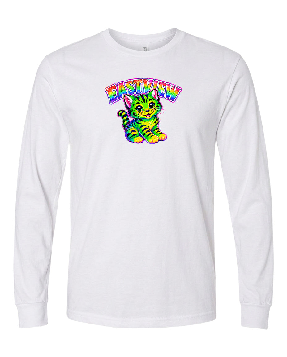 A white long-sleeved t-shirt with a colorful graphic of a cat and the text "EASTVIEW" printed on it.