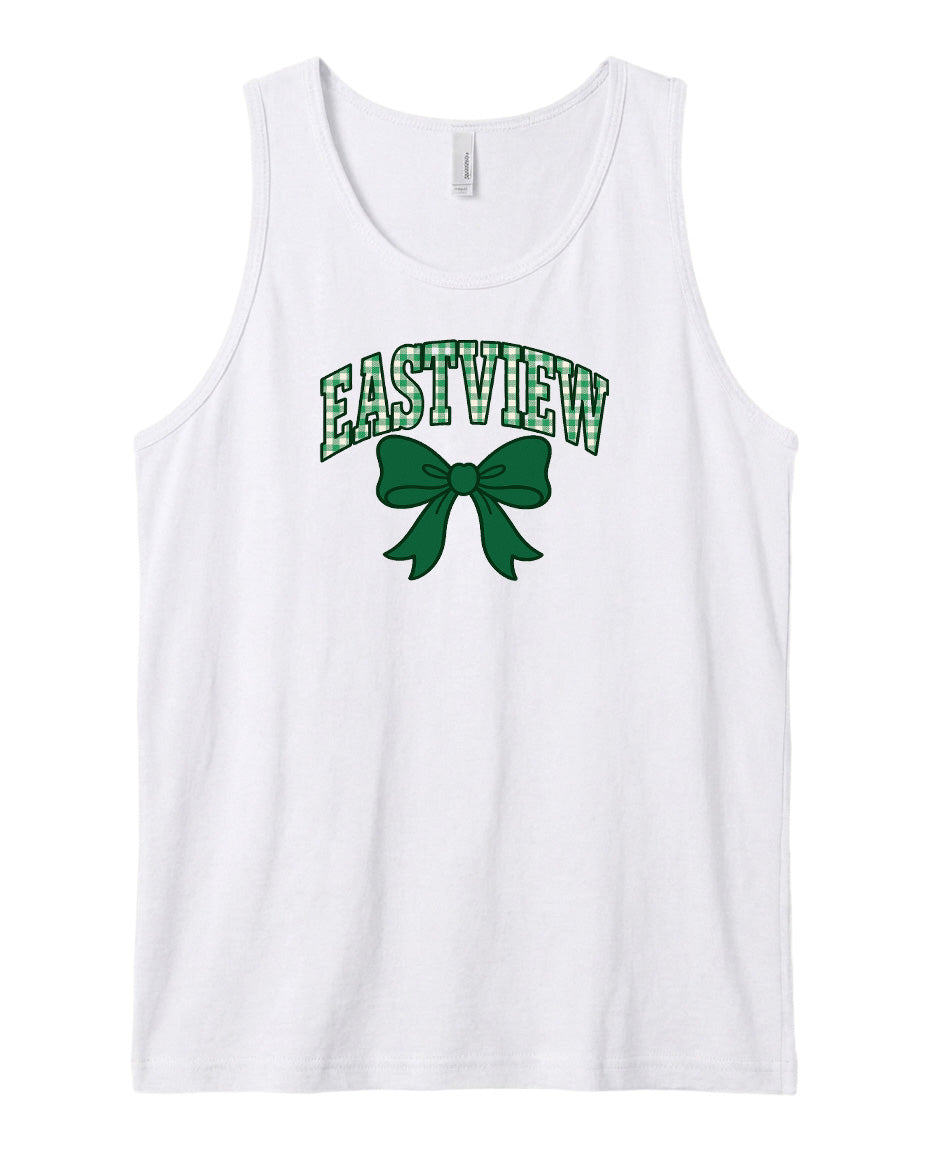 A white tank top with the text "EASTVIEW" and a green bow printed on it.