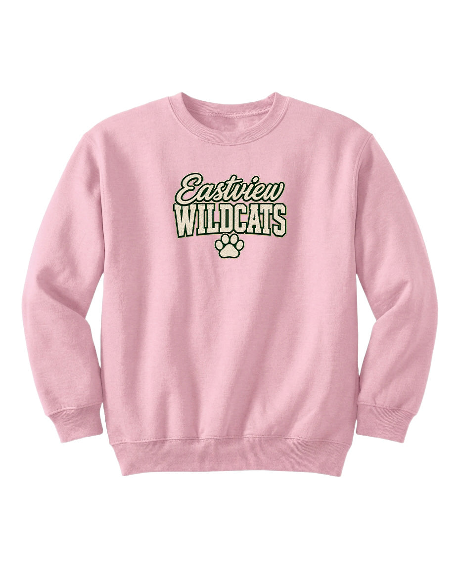 A pink sweatshirt with the text "Eastview Wildcats" printed on it.