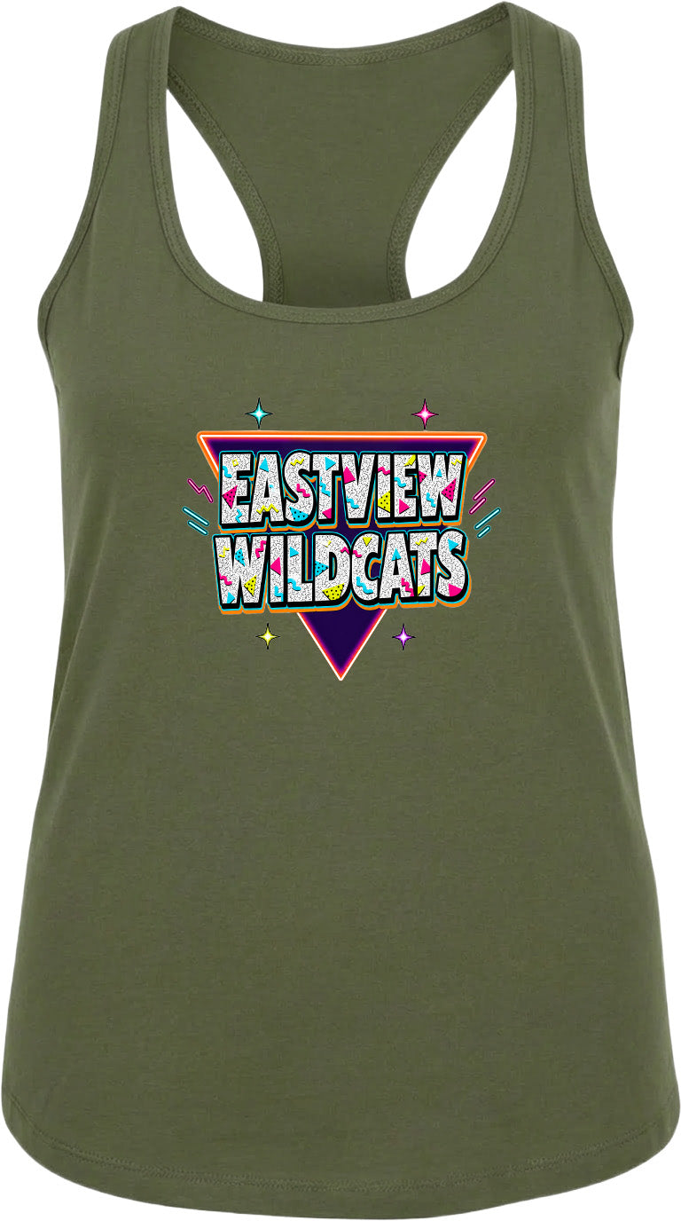 A green tank top with a colorful graphic design featuring the text "EASTVIEW WILDCATS" in a retro style.