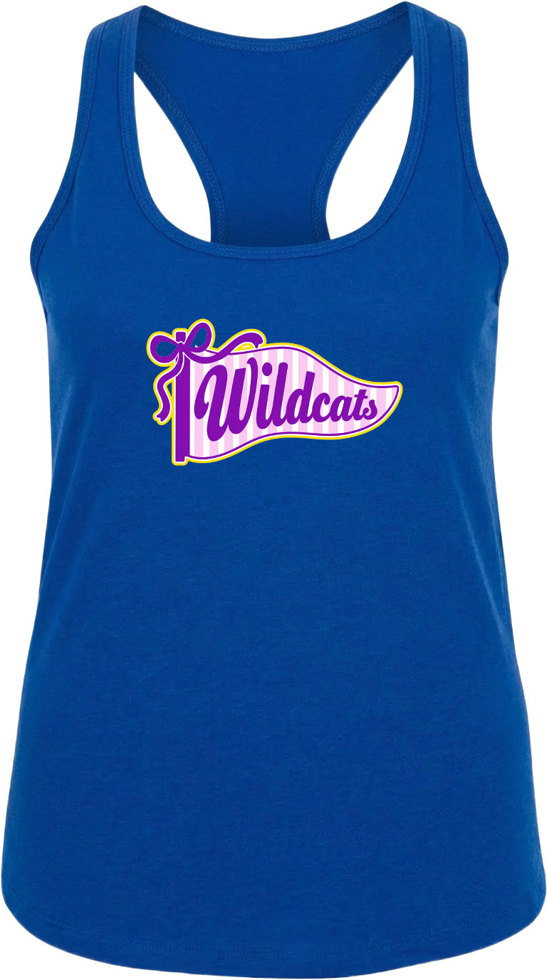 A blue tank top with a graphic design featuring the text "Wildcats" and a banner-like shape.