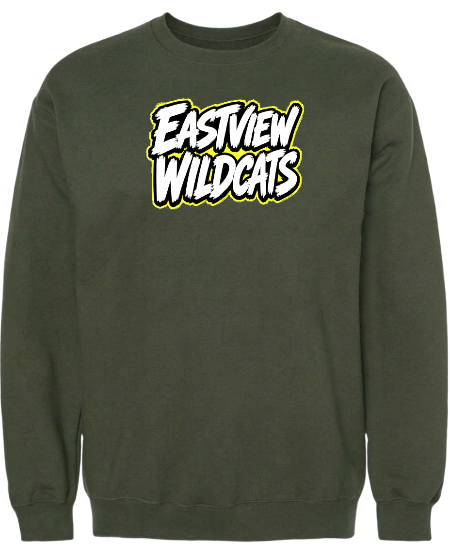 A dark green sweatshirt with a bold white and yellow logo that says "Eastview Wildcats".