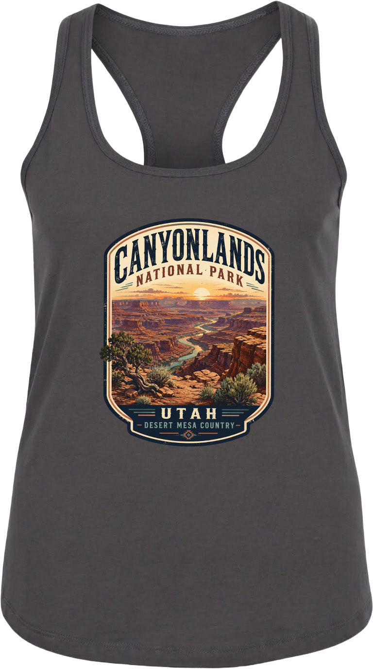 A gray tank top with a graphic design depicting the scenic landscape of Canyonlands National Park in Utah.