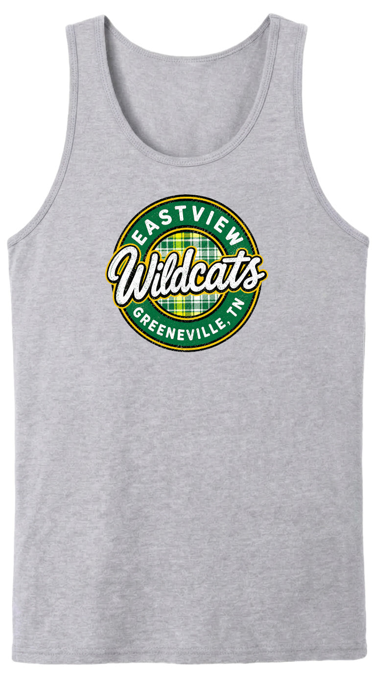 A gray tank top with a circular logo that says "EASTVIEW WILDCATS GREENEVILLE TENN".