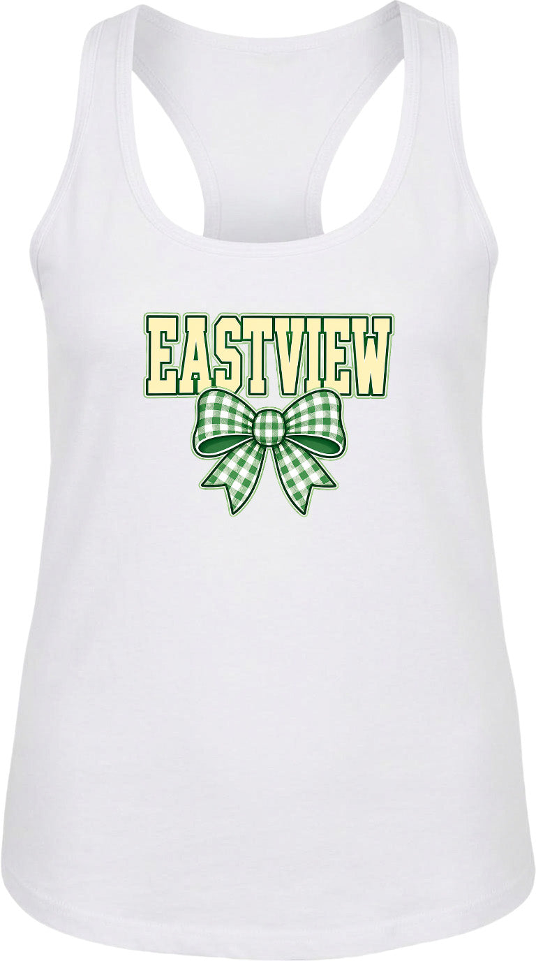 A white tank top with the word "EASTVIEW" and a green and white bow printed on it.