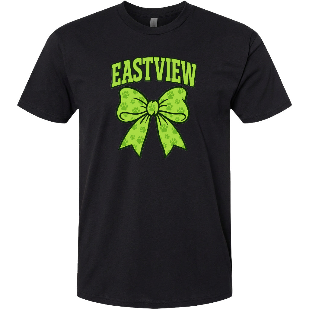 A black t-shirt with a green bow and the word "EASTVIEW" printed on it.