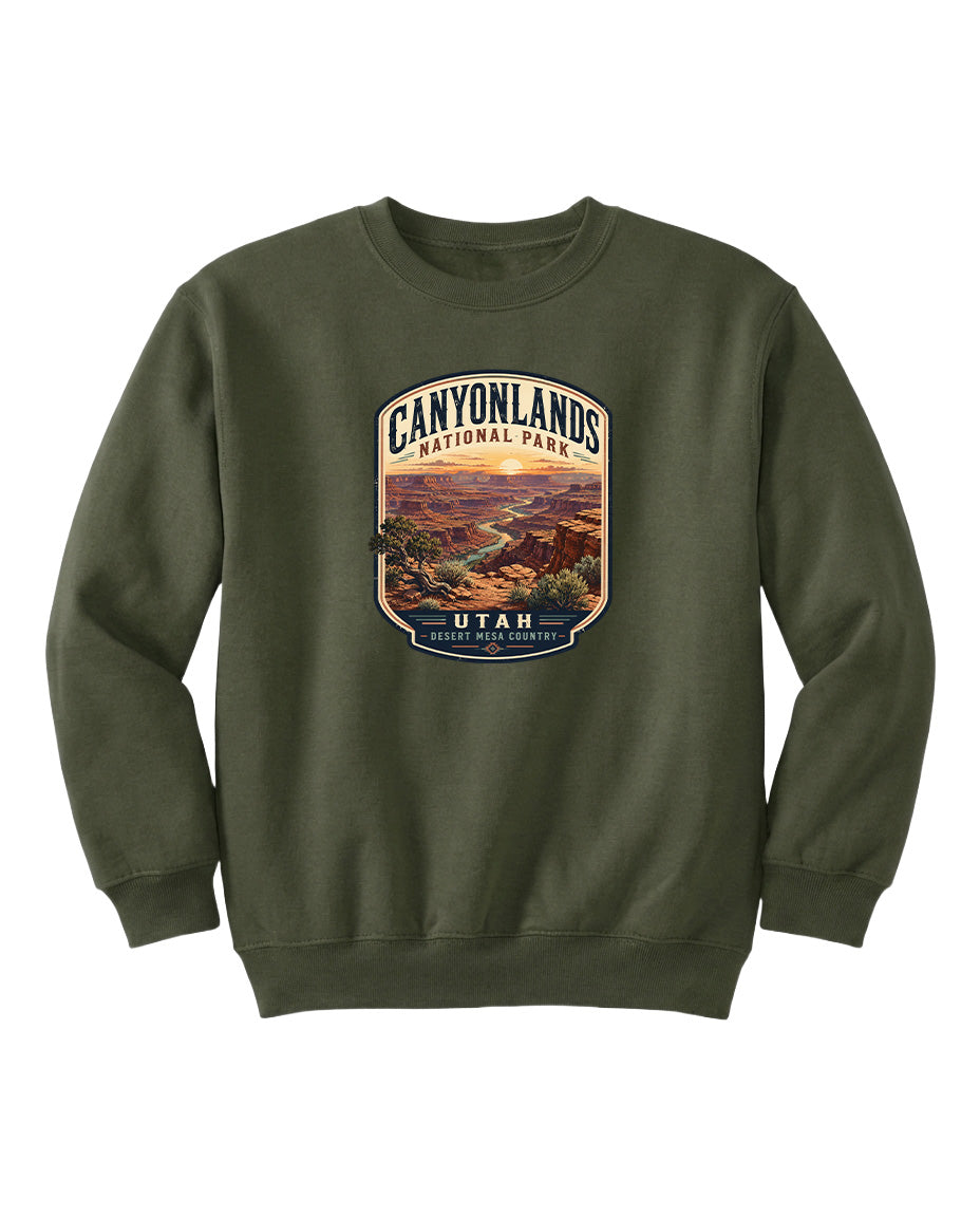 A green sweatshirt with a graphic design depicting the scenic landscape of Canyonlands National Park in Utah.