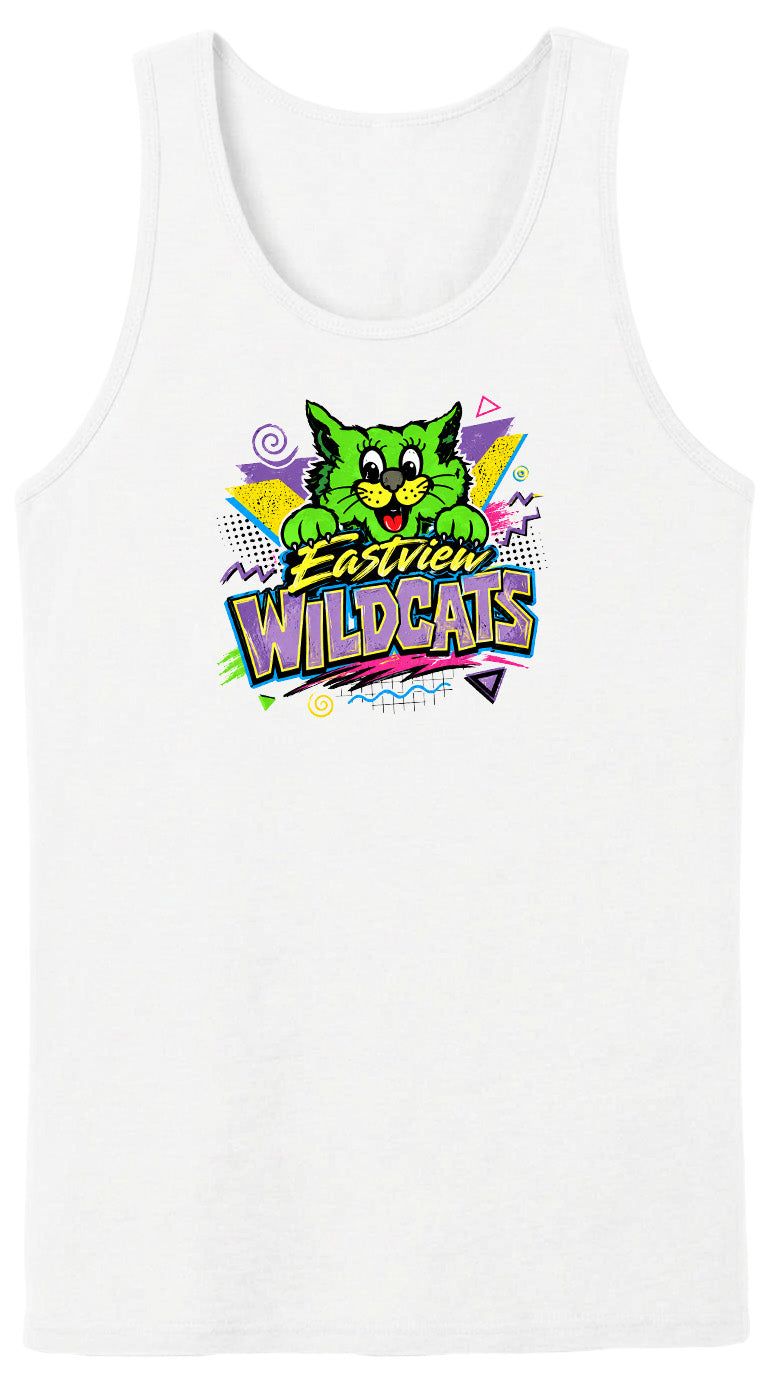 A white tank top with a colorful graphic design featuring a cartoon cat and the text "Wildcats" in a stylized font.