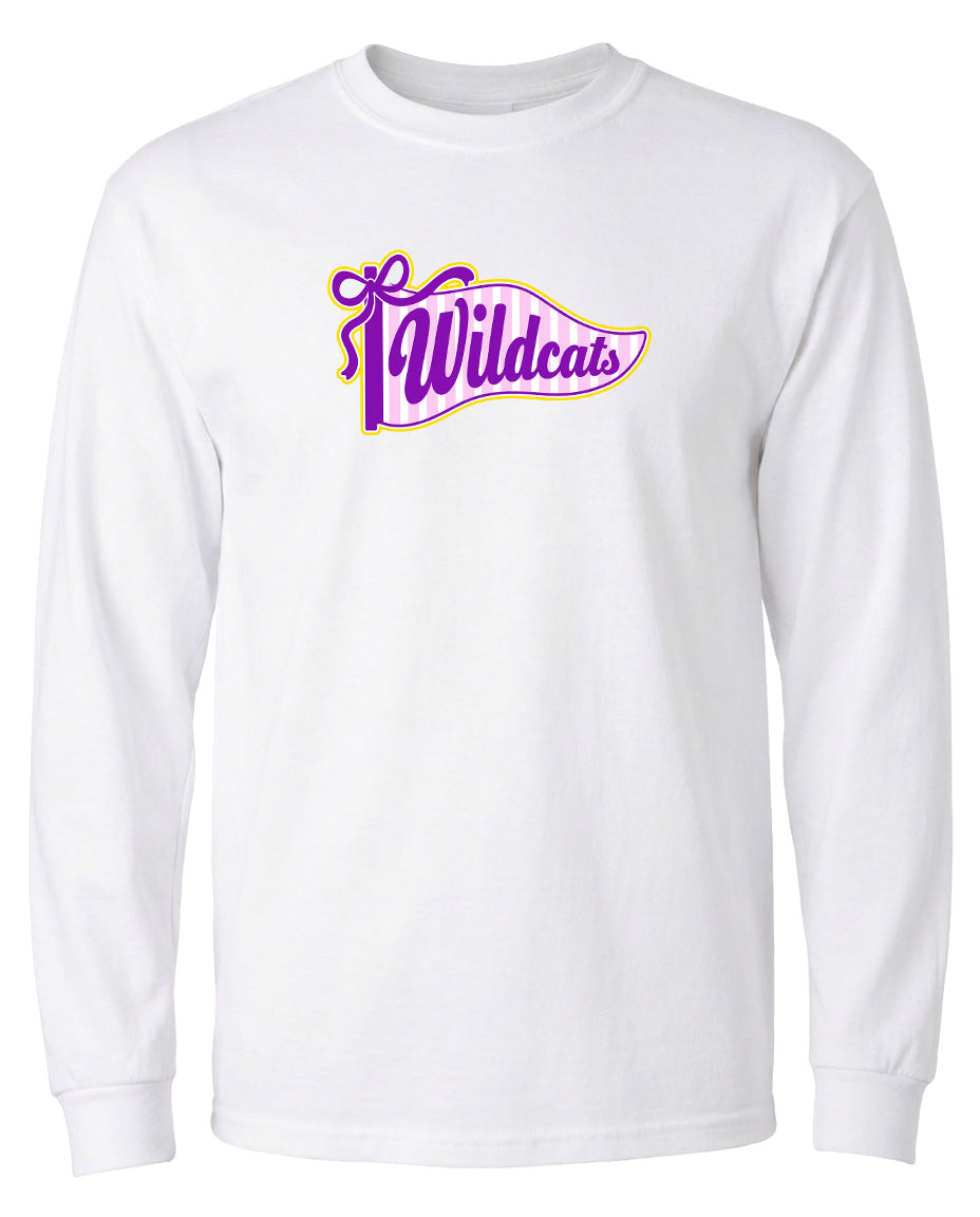 A white long-sleeved t-shirt with a graphic design featuring the text "Wildcats" in purple and yellow colors.