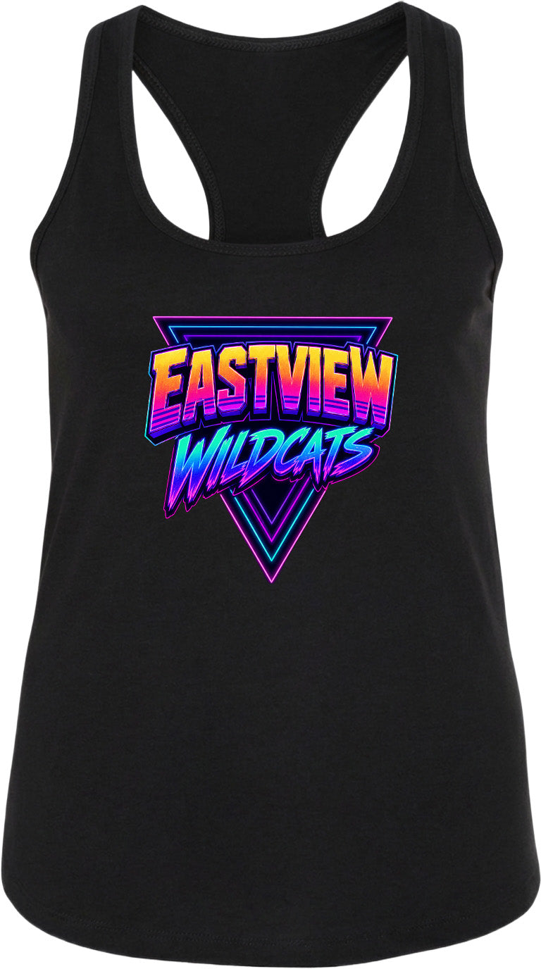 A black tank top with a colorful graphic design featuring the text "EASTVIEW WILDCATS" in a retro style.