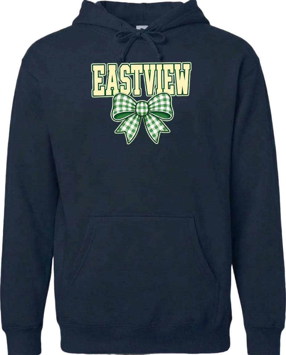 A navy blue hoodie with a green and white bow on the front.