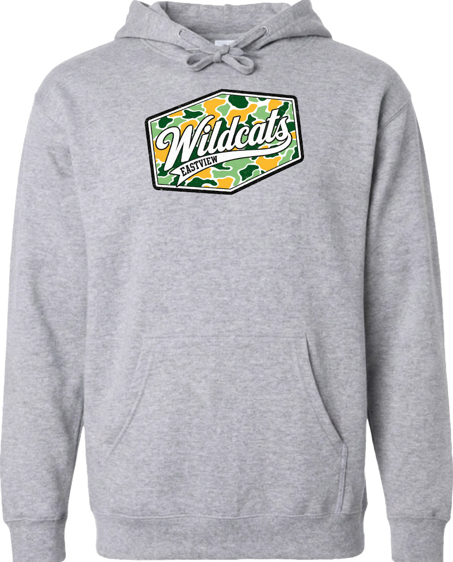 A gray hoodie with a graphic design on the front.