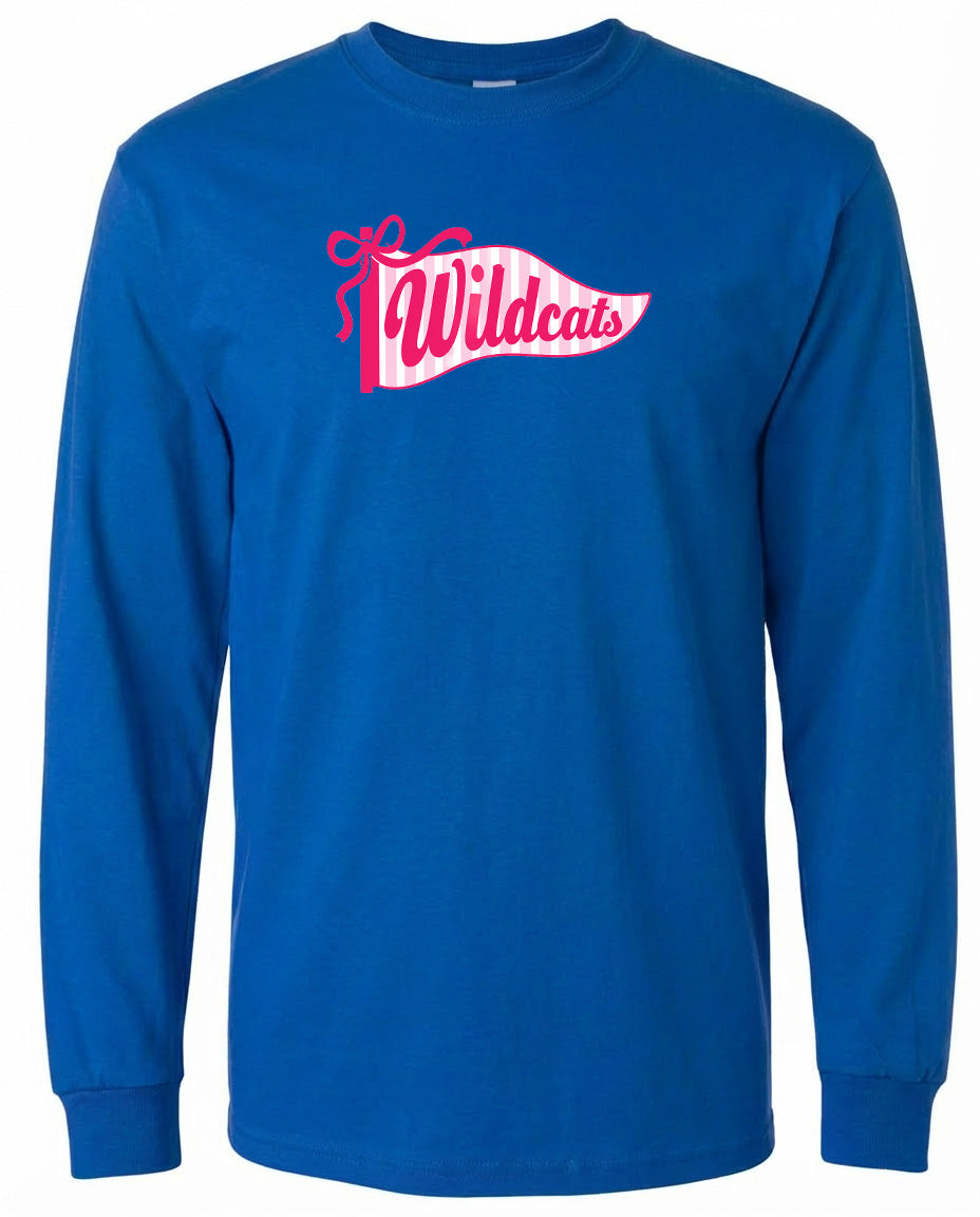 A blue long-sleeved t-shirt with a pink and white banner design featuring the text "Wildcats" on it.