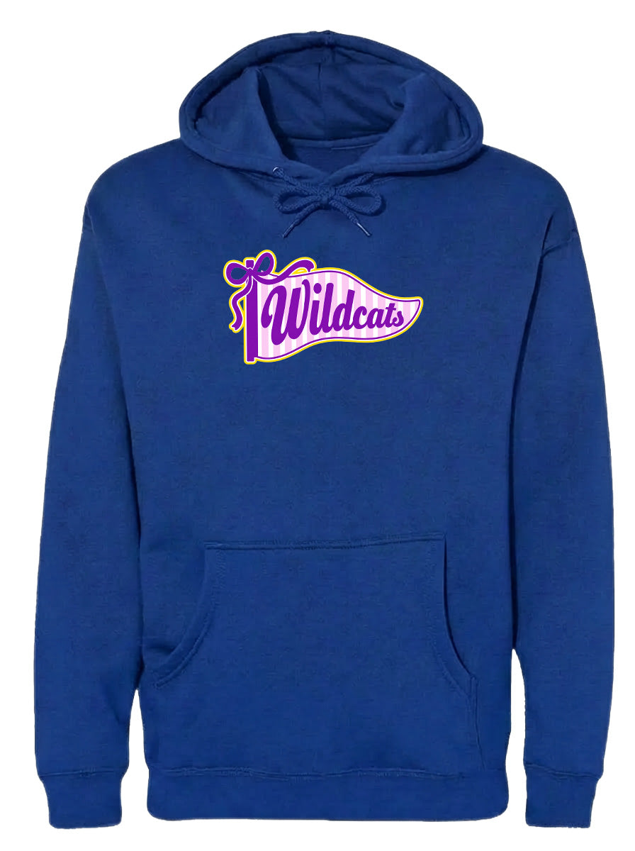 A navy blue hoodie with a graphic design on the front.