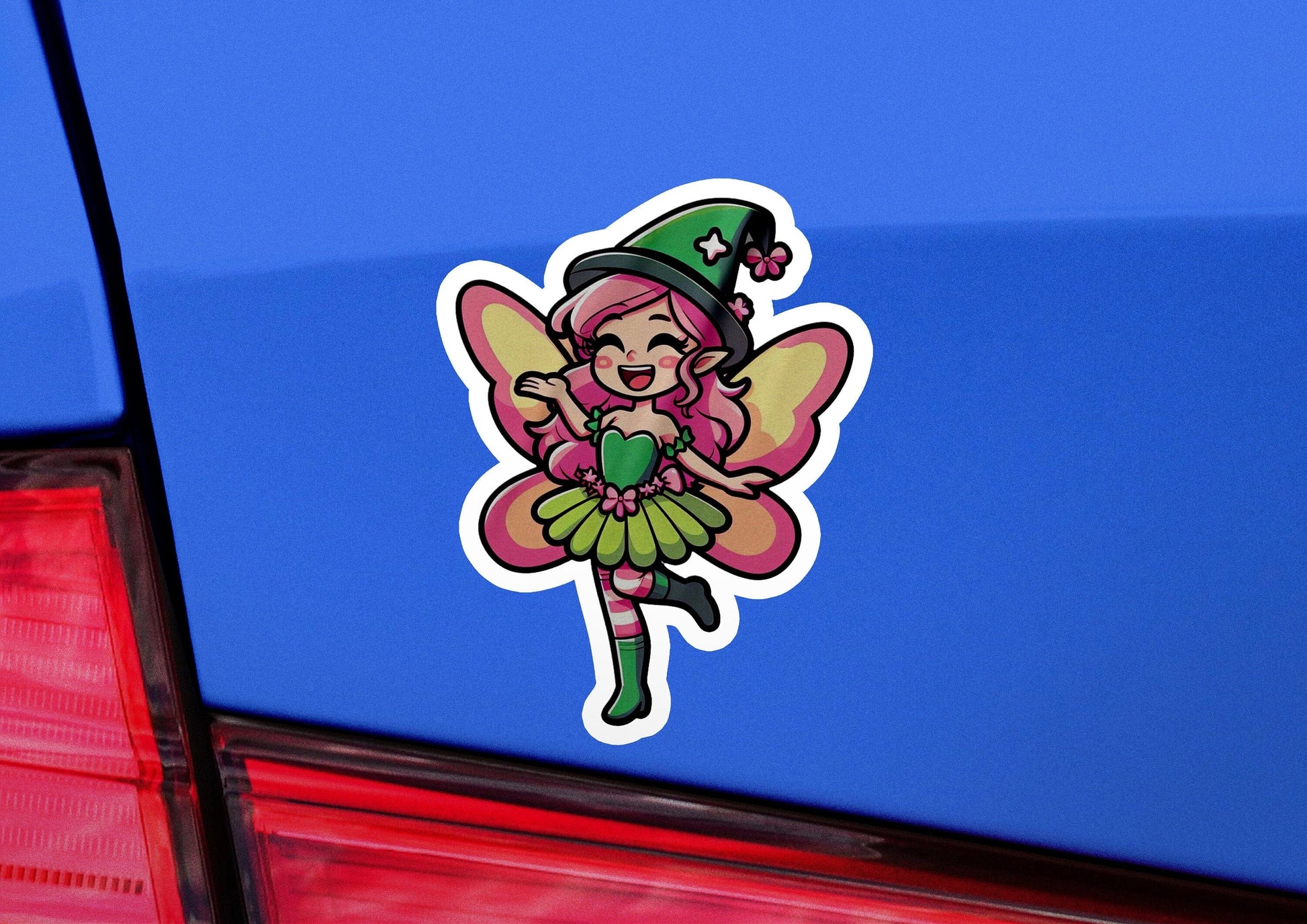 a car with a sticker of a fairy on it