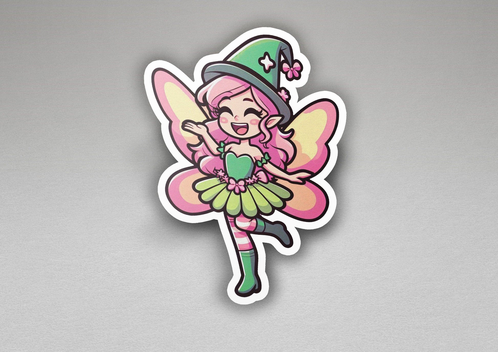 a sticker of a pink fairy with a green hat