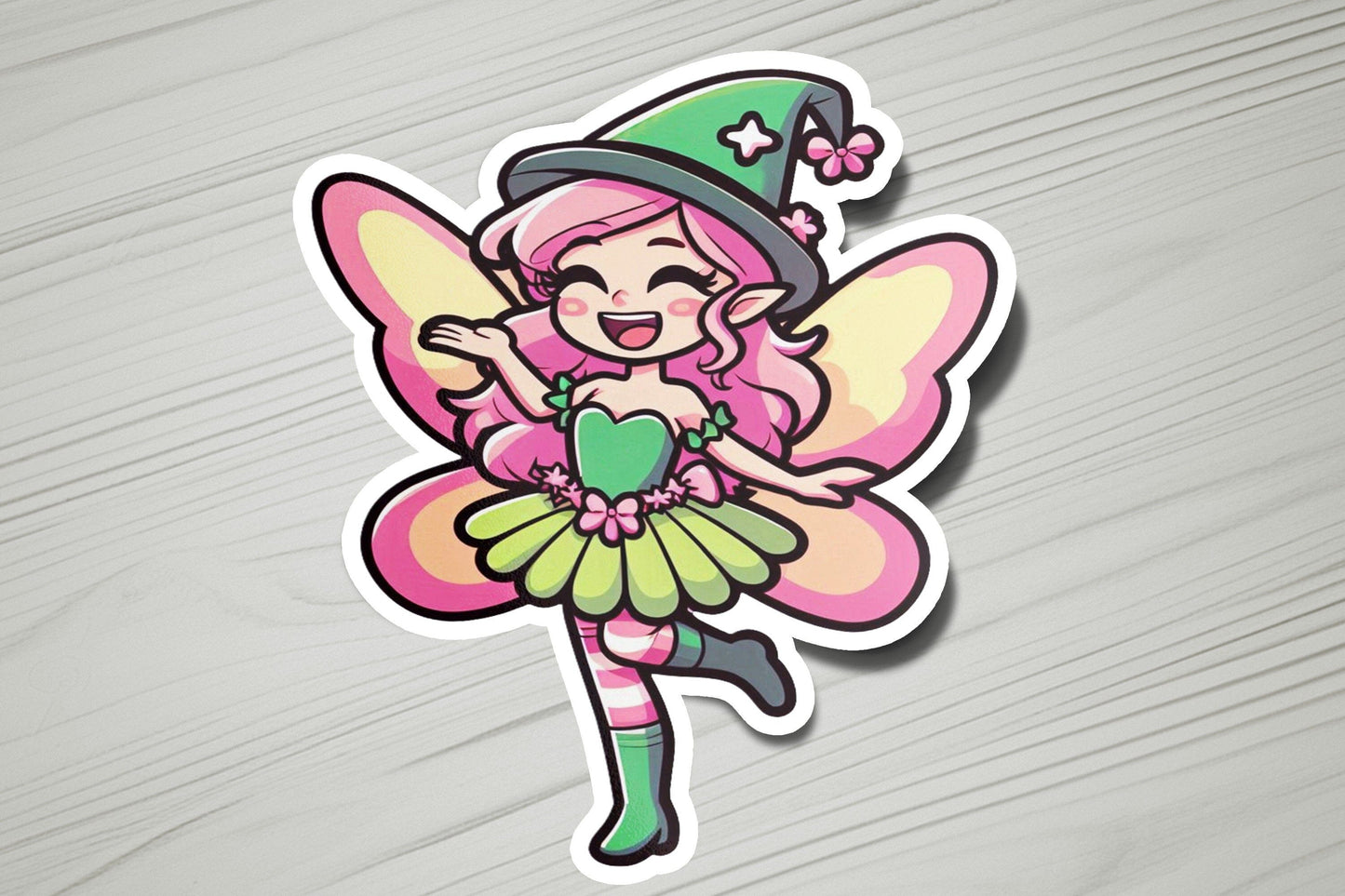 a sticker of a pink fairy with a green hat