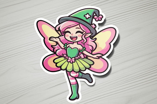 a sticker of a pink fairy with a green hat