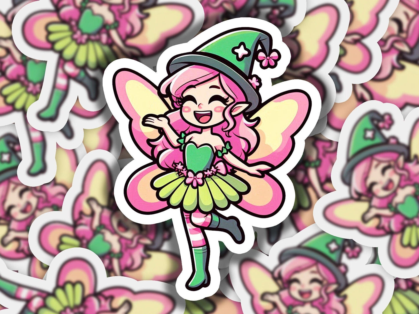a sticker of a pink fairy with a green hat